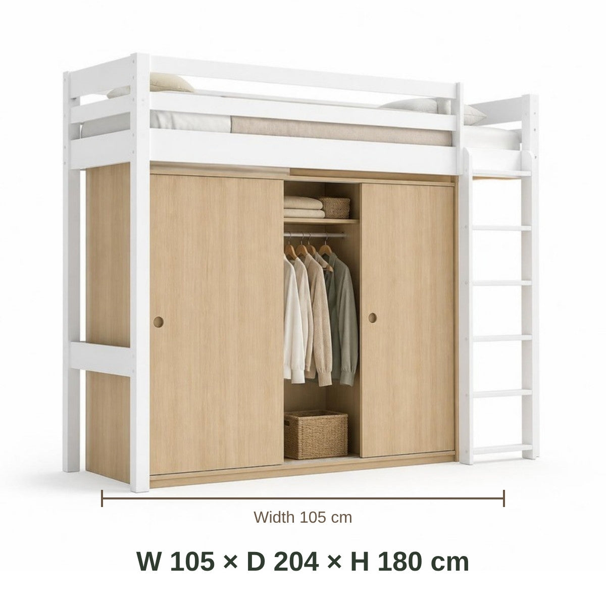 Mini Beit Loft Bed with Wardrobe dimensions in cm