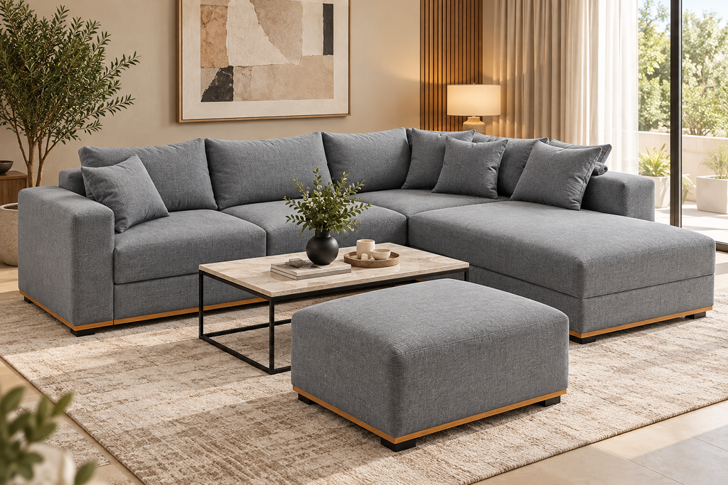 Grey L-Shape Sofa with 1 Pouf - Lifestyle