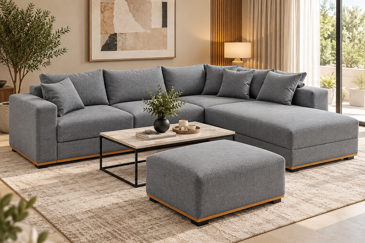Grey L-Shape Sofa with 1 Pouf - Lifestyle