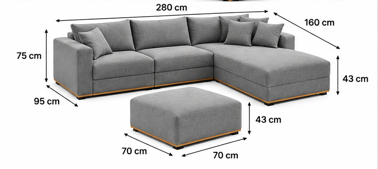 Grey L-Shape Sofa with 1 Pouf - Dimensions