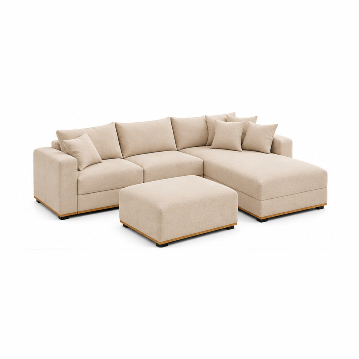 Beige L-Shape Sofa with 1 Pouf - White Background