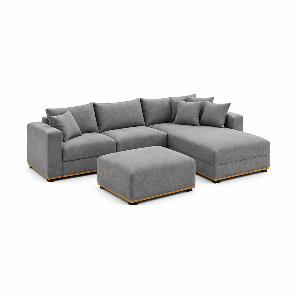 Grey L-Shape Sofa with 1 Pouf - White Background