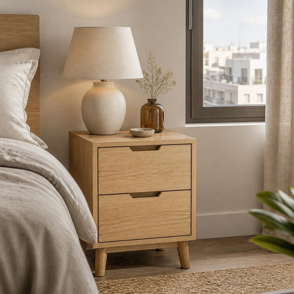 Bedside Table with 2 Drawers for Small Bedrooms in a room setting