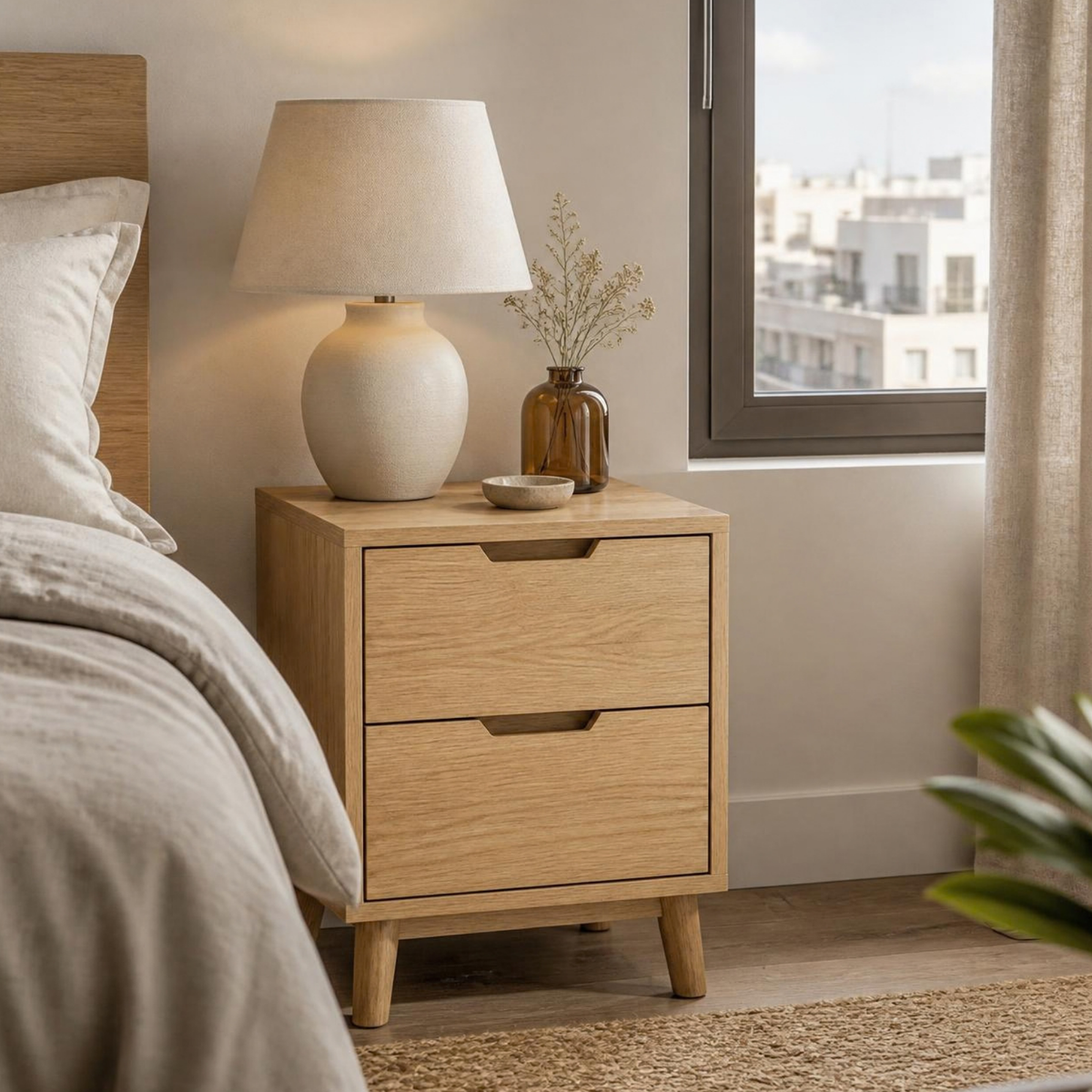Bedside Table with 2 Drawers for Small Bedrooms in a room setting