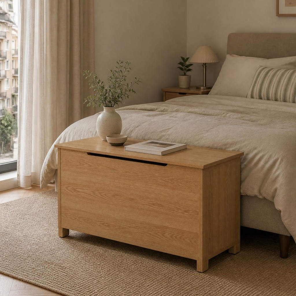 Blanket Storage Chest for Small Bedrooms in a room setting