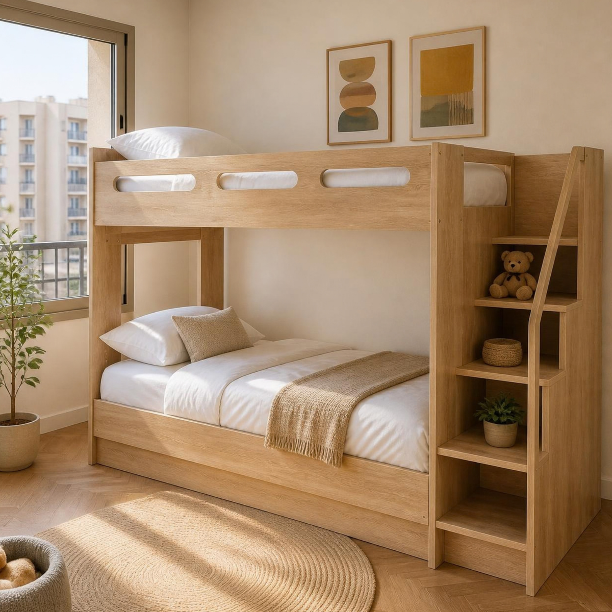Bunk Bed 90 with Storage Stairs in a room setting