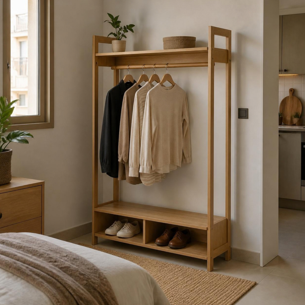 Clothes Rail with Shoe Shelf for Small Bedrooms in a room setting