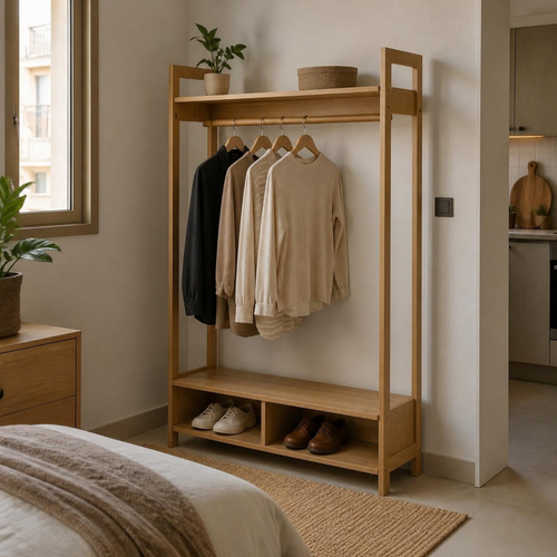 Clothes Rail with Shoe Shelf for Small Bedrooms in a room setting