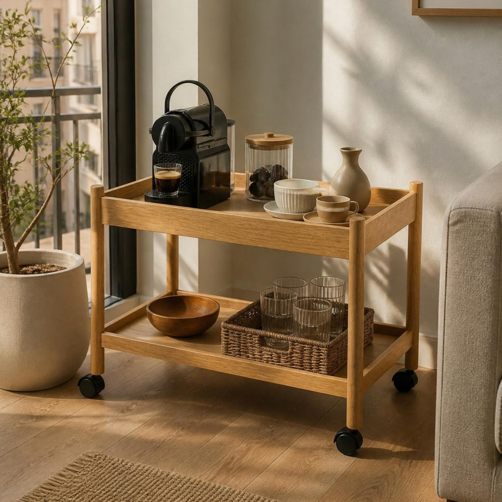 2-Tier Coffee Cart on Wheels for Small Spaces in a room setting