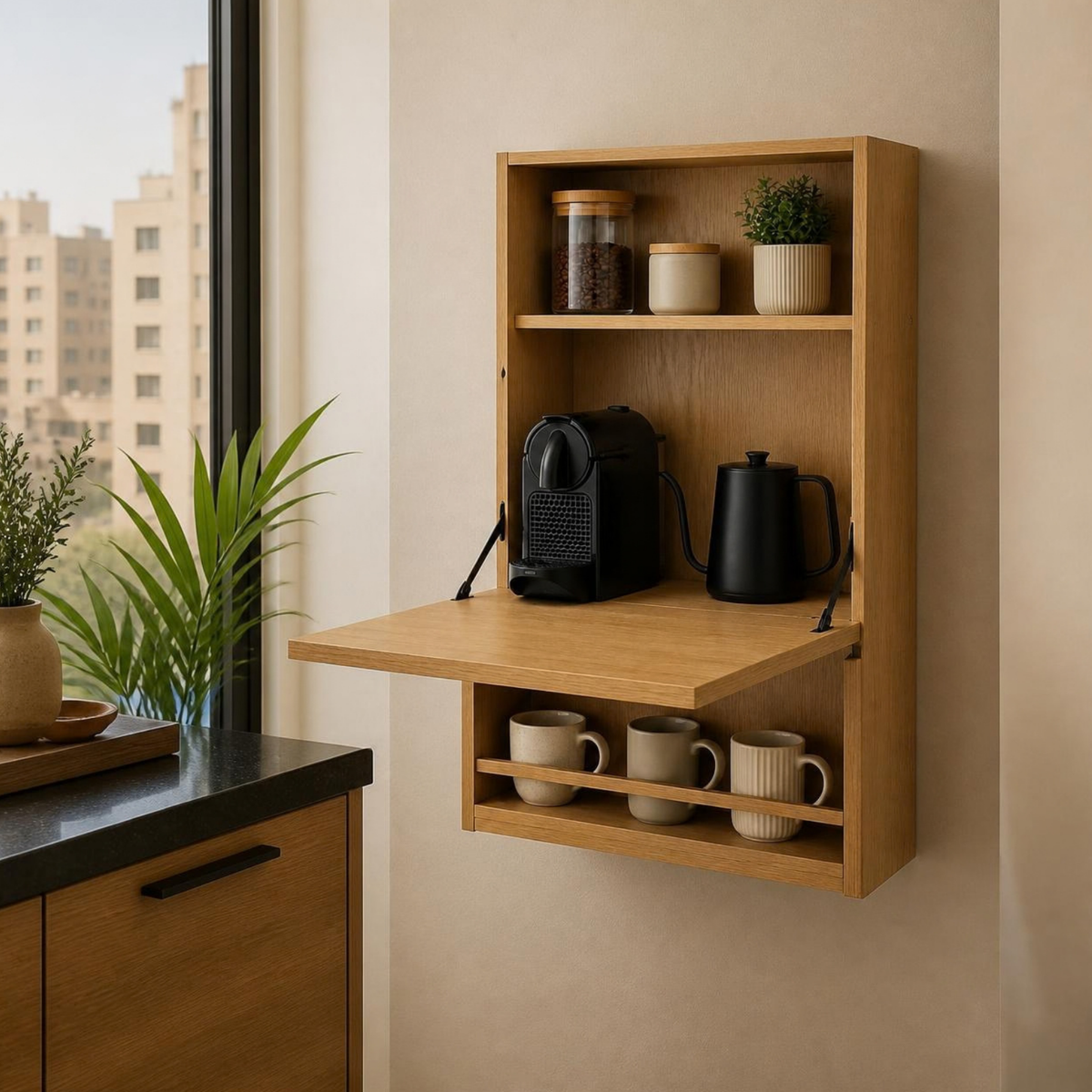 Wall Coffee Station Cabinet for Small Spaces in a room setting
