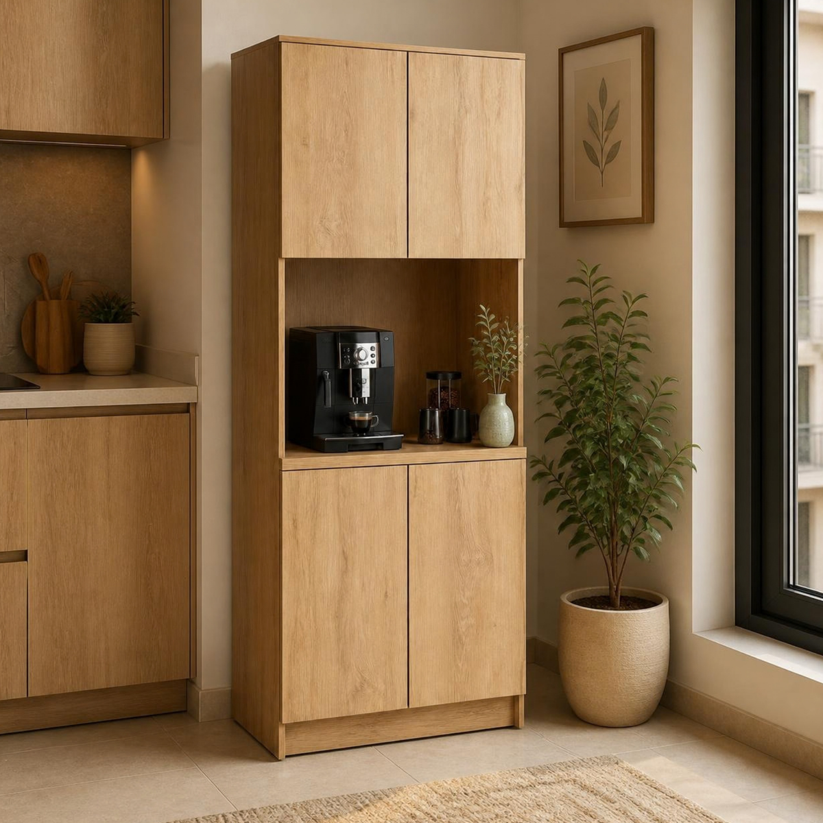 Tall Coffee Cabinet with Open Niche for Small Coffee Corners in a room setting