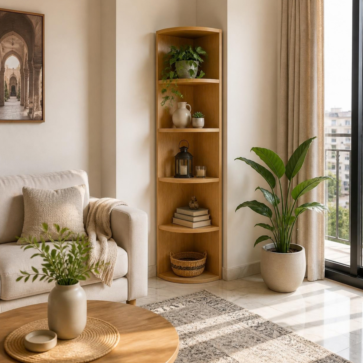 Corner Bookshelf for Small Living Rooms in a room setting