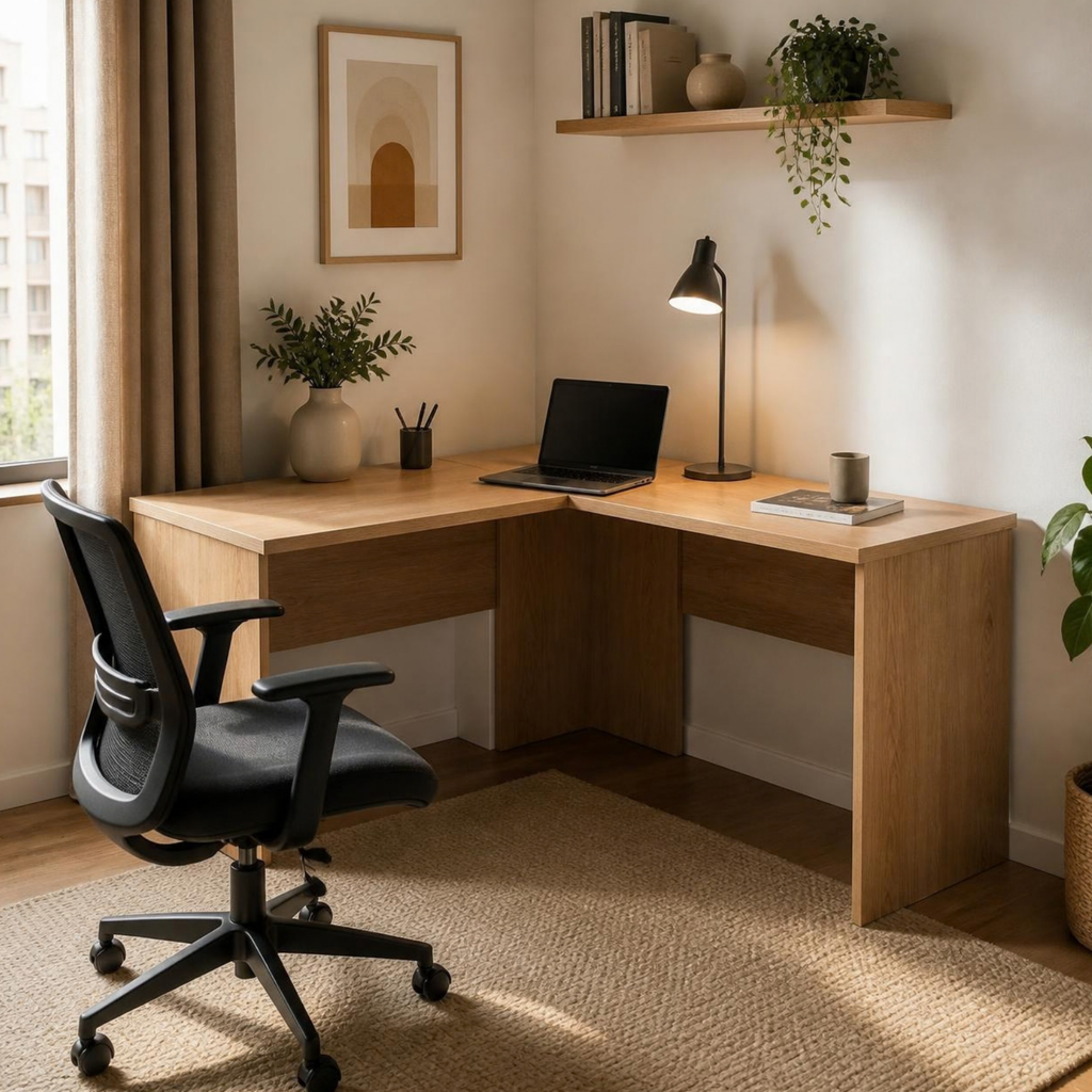 L-Shaped Corner Desk for Small Home Offices in a room setting
