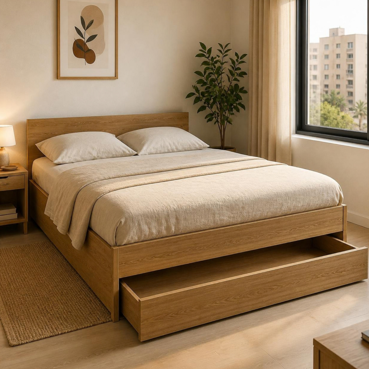 Double Bed 140 with Storage Drawer for Small Bedrooms in a room setting
