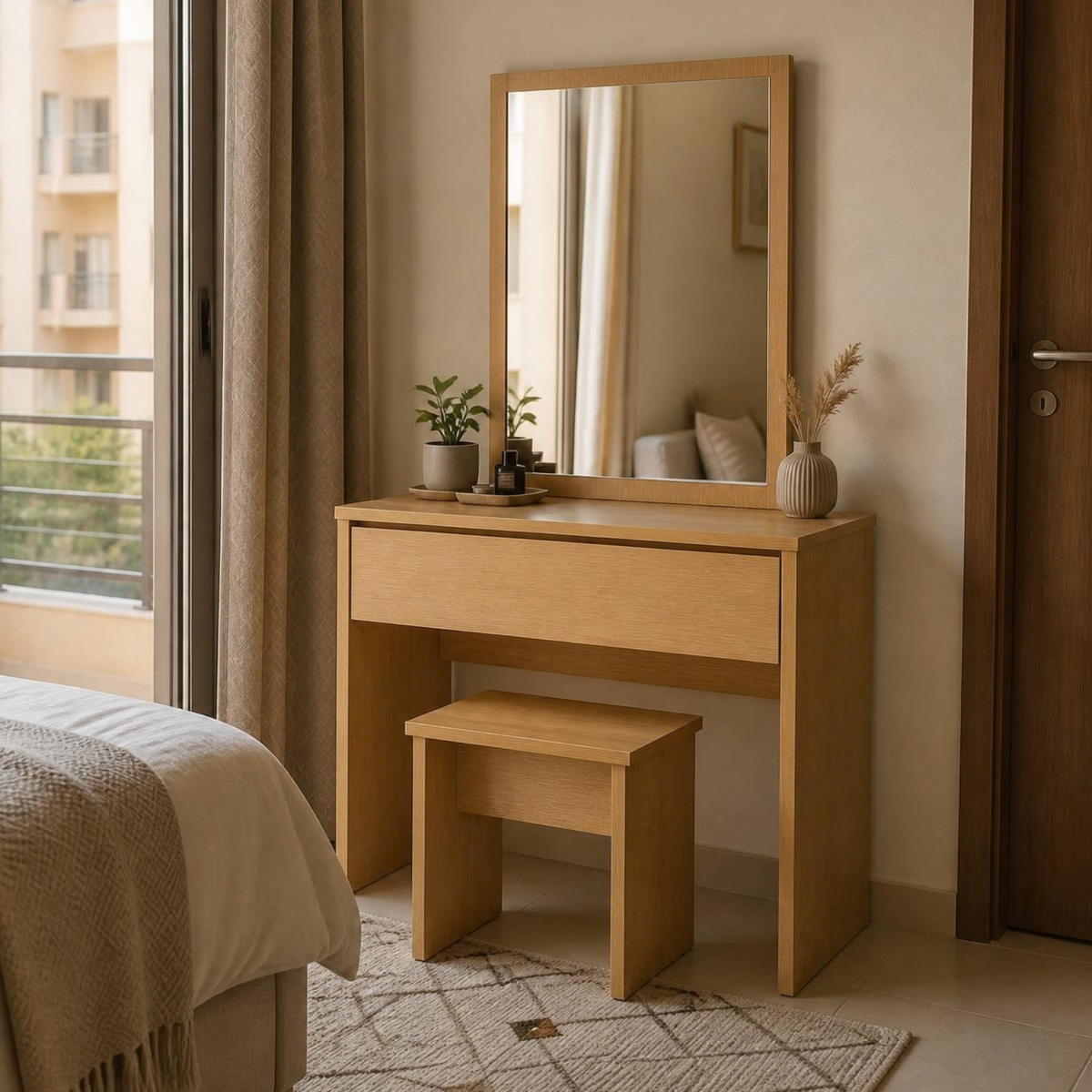 Dressing Table with Mirror and Drawer for Small Bedrooms in a room setting