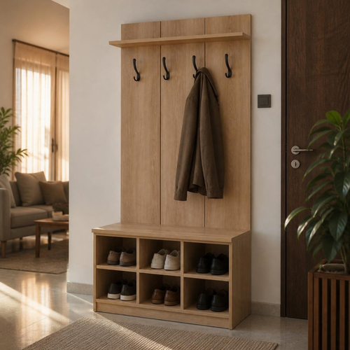 Entryway Shoe Bench with Coat Hooks for Small Entryways in a room setting