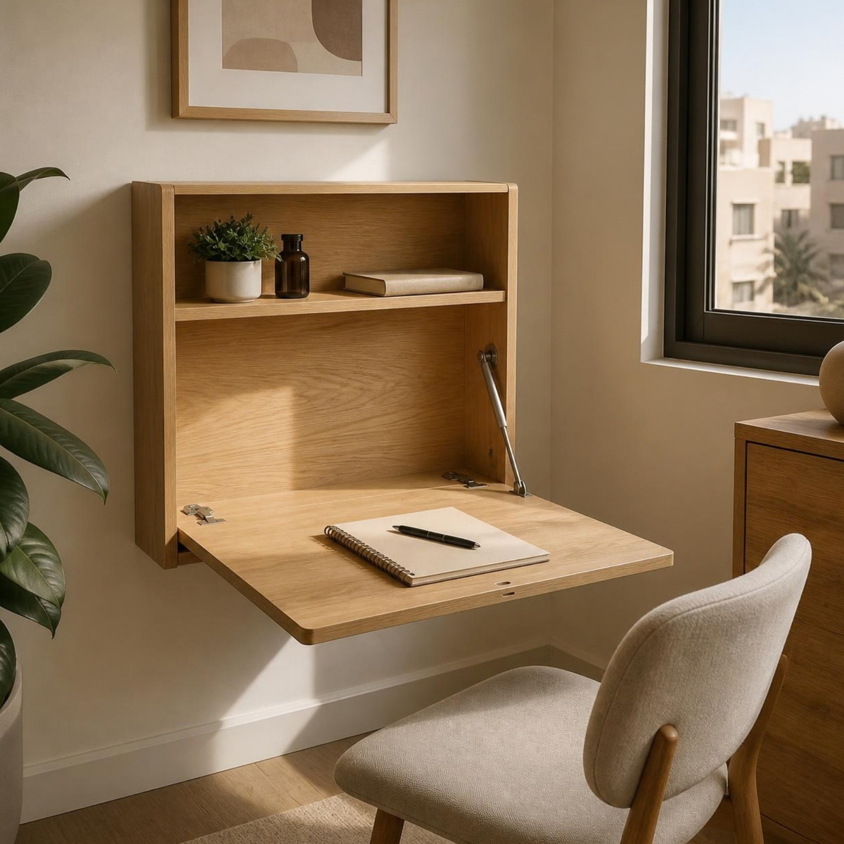 Wall-Mounted Fold-Down Desk for Small Home Offices in a room setting