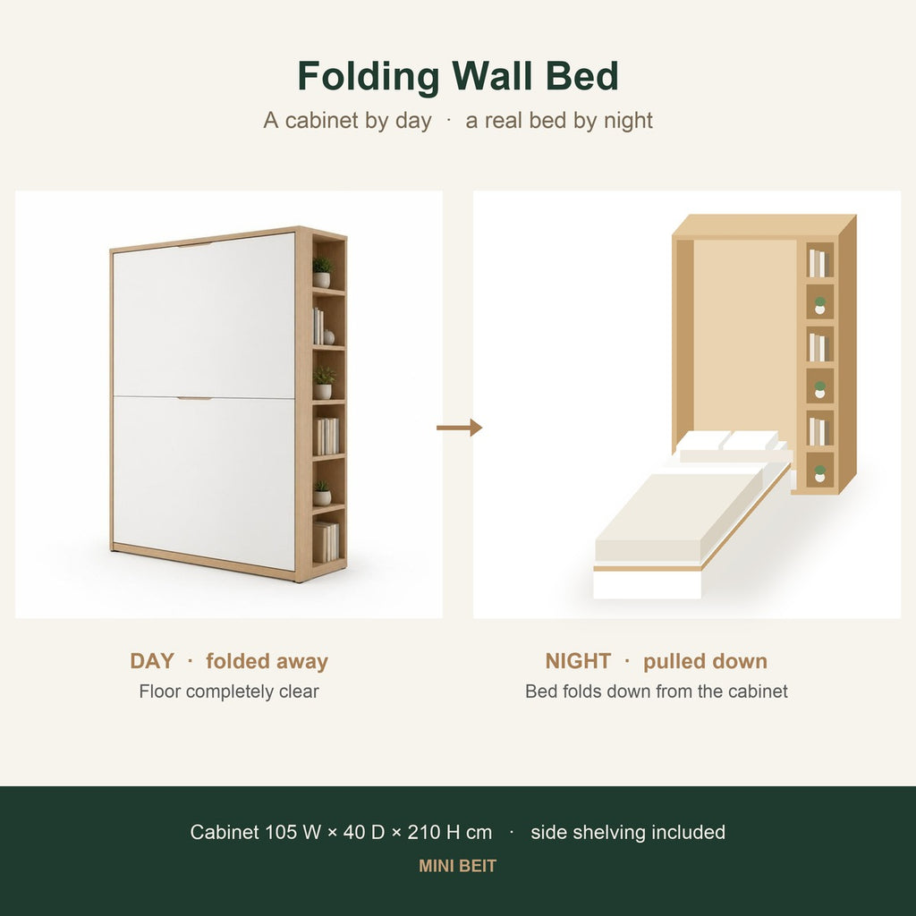Mini Beit Folding Wall Bed shown closed as a cabinet and open as a bed