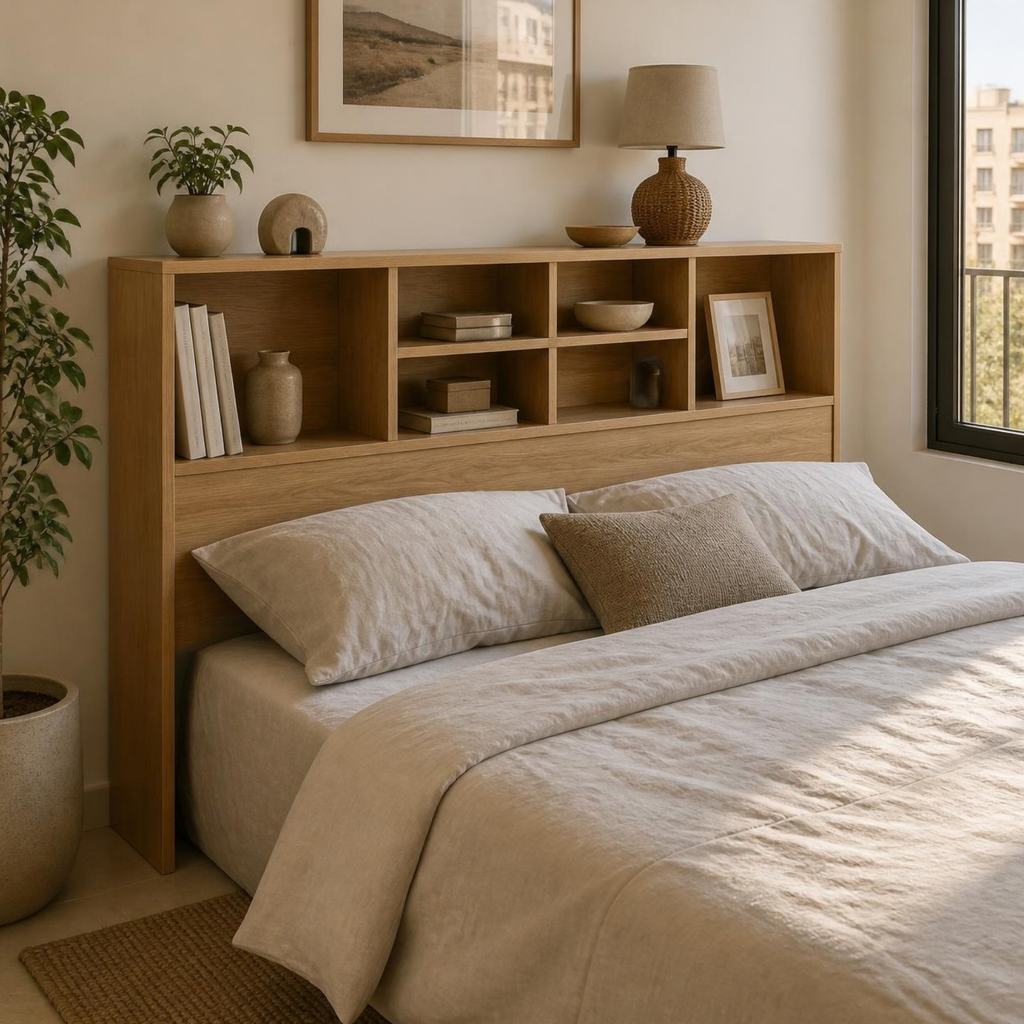 Headboard with Shelves 140 for Small Bedrooms in a room setting