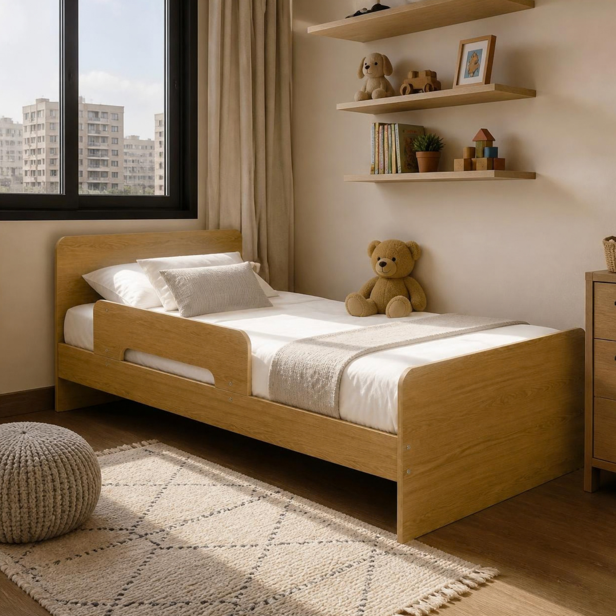 Kids Single Bed 90 with Guard Rail for Small Bedrooms in a room setting