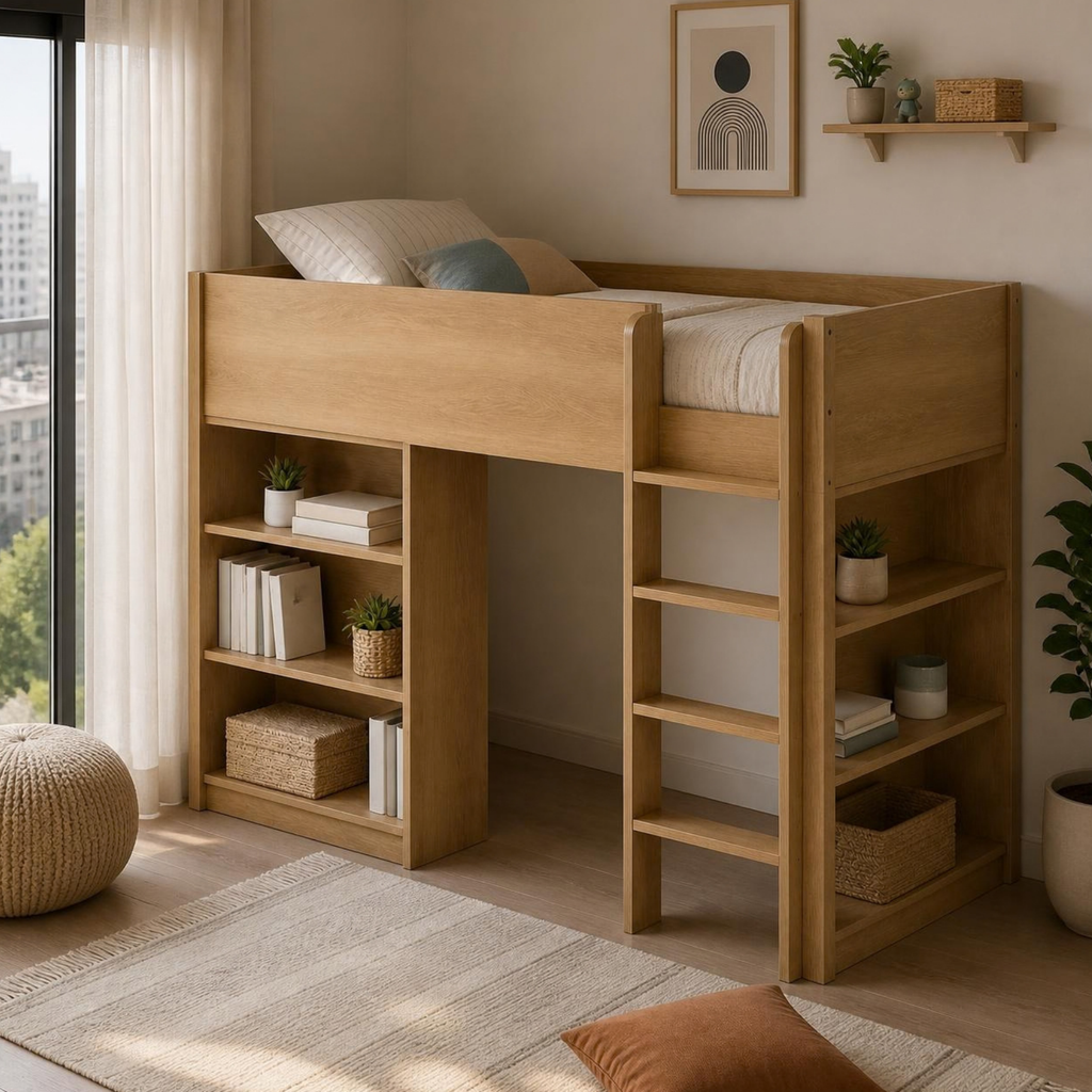 Loft Bed with Shelves for Small Bedrooms in a room setting
