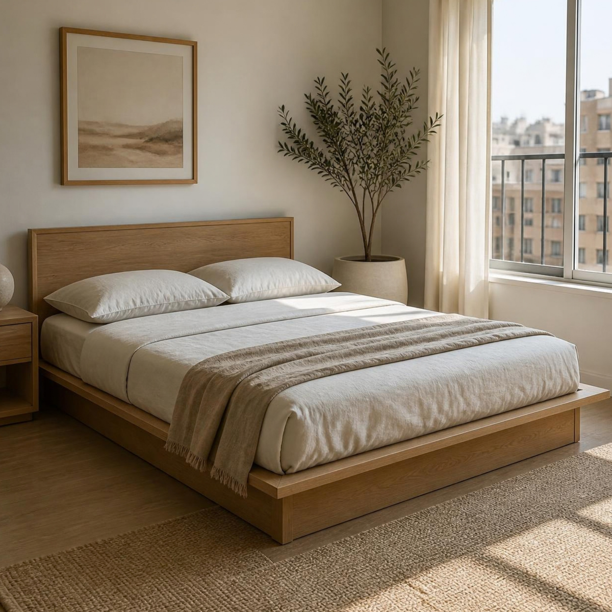 Low Platform Queen Bed 160 for Small Bedrooms in a room setting