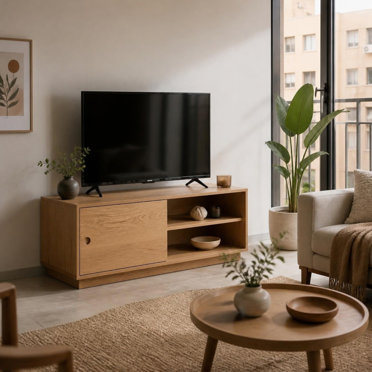 Media Cabinet with Sliding Door for Small Living Rooms in a room setting