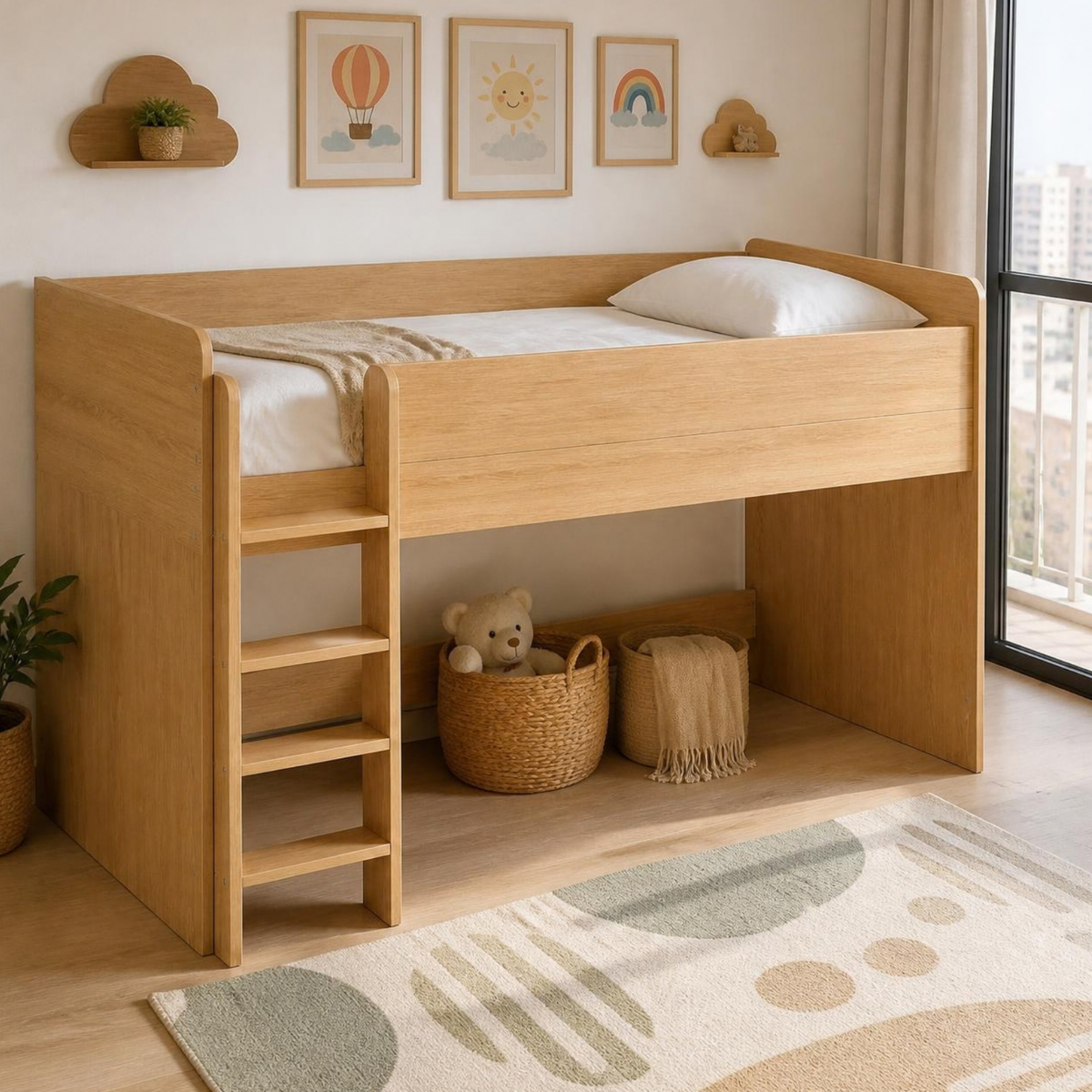 Mid-Sleeper Bed 90 with Ladder for Small Bedrooms in a room setting