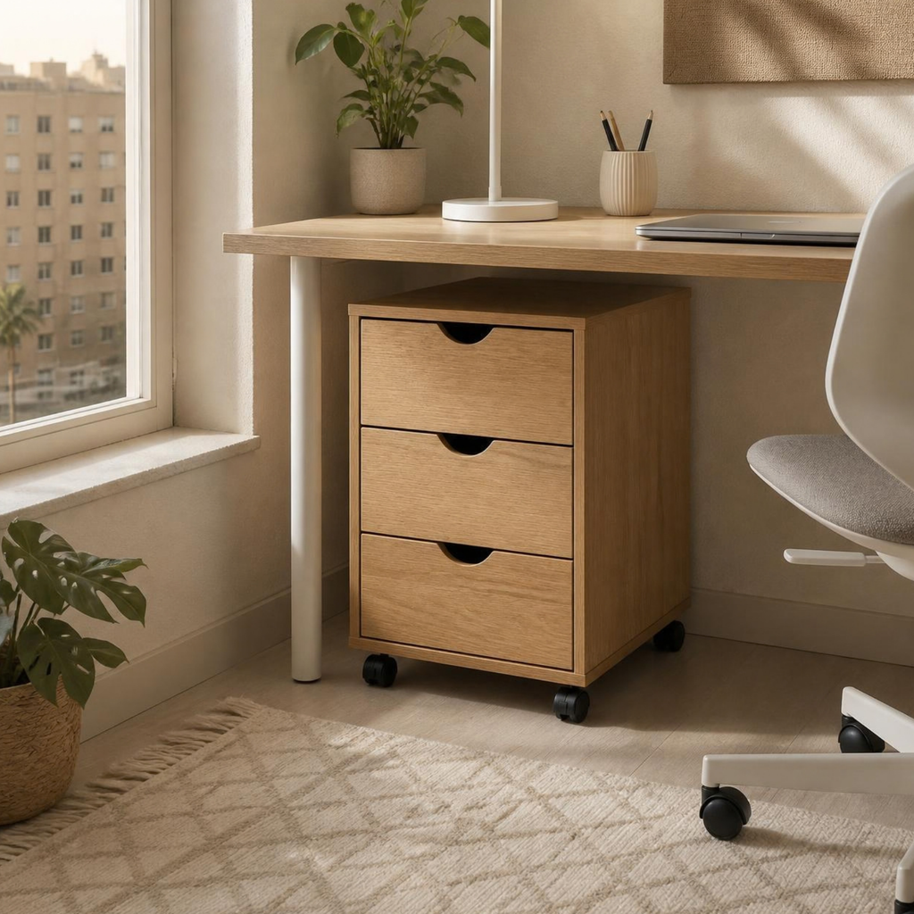 Mobile 3-Drawer Cabinet for Small Home Offices in a room setting