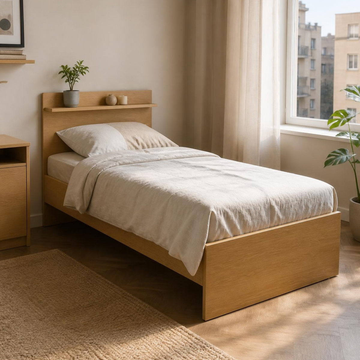 Single Bed 100 with Headboard Shelf for Small Bedrooms in a room setting