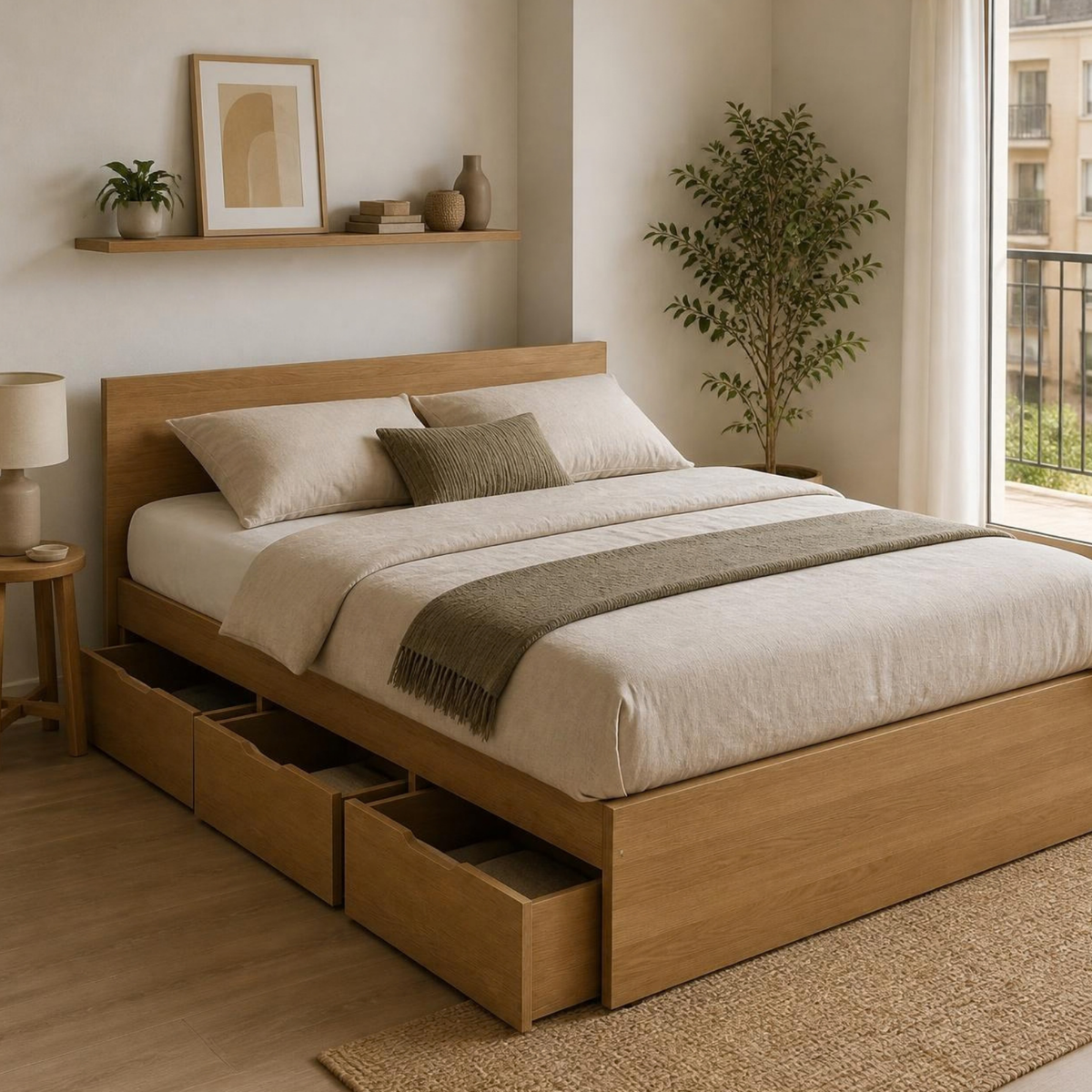 Storage Bed 120 with Under-Bed Drawers for Small Bedrooms in a room setting