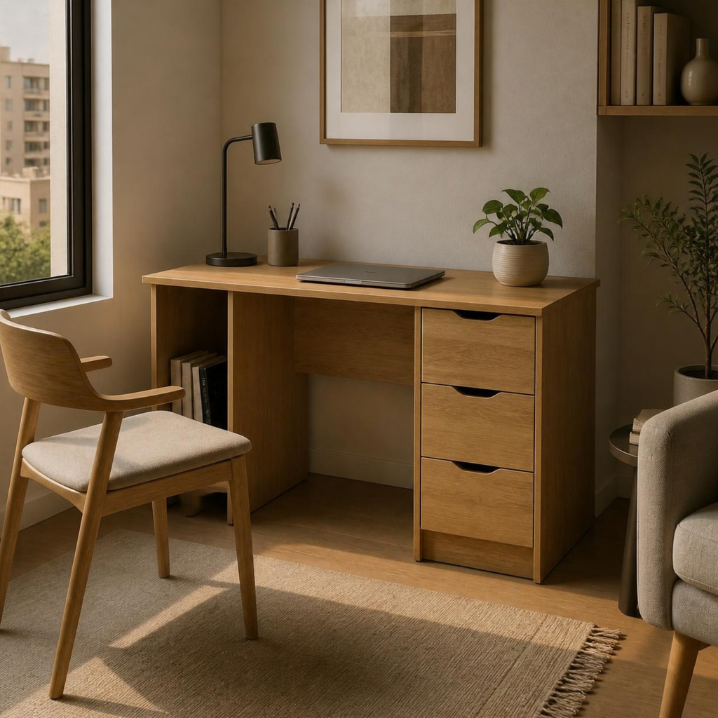 Study Desk 100 with Drawers and Shelf for Small Home Offices in a room setting