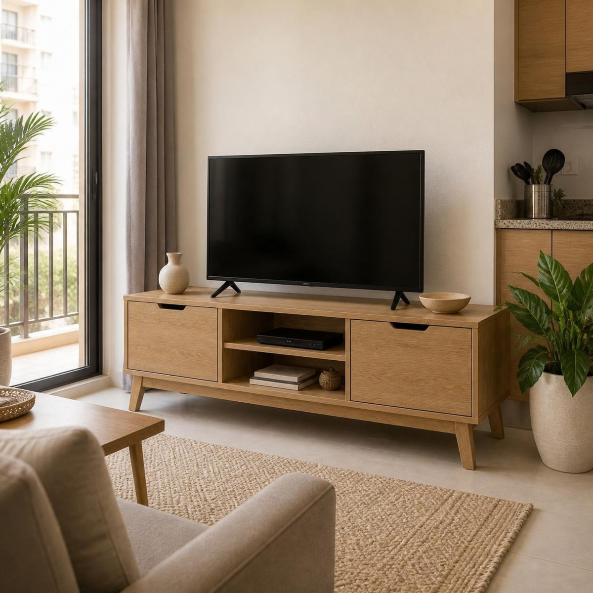 Low TV Bench 120 with 2 Drawers for Small Living Rooms in a room setting