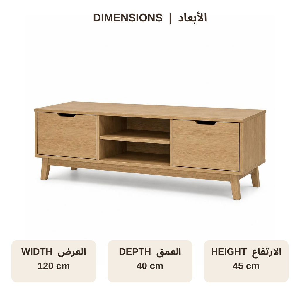 Low TV Bench 120 with 2 Drawers for Small Living Rooms dimensions