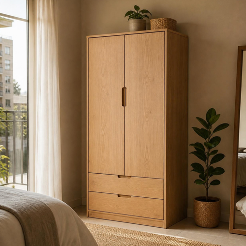 Wardrobe 2 Doors with 2 Drawers for Small Bedrooms in a room setting