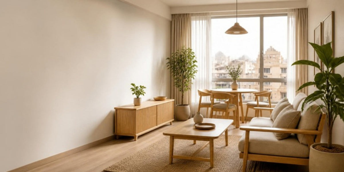 Bright compact living room furnished with Mini Beit oak furniture